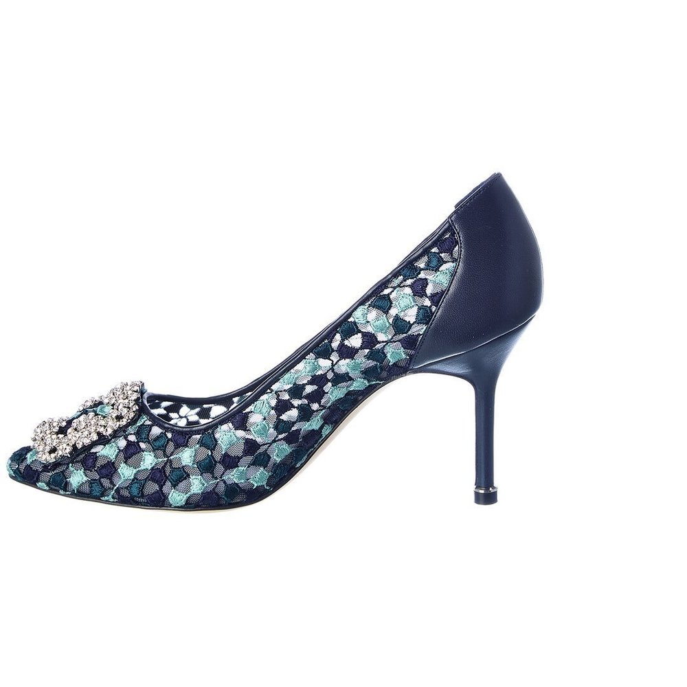 Manolo Blahnik Hangisi 90 Lace & Leather Pump - Picture 2 of 6